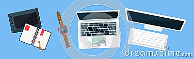 Office Object and Business Workflow Items on Blue Background Vector Set Vector Illustration