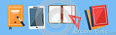 Office Object and Business Workflow Items on Blue Background Vector Set Vector Illustration
