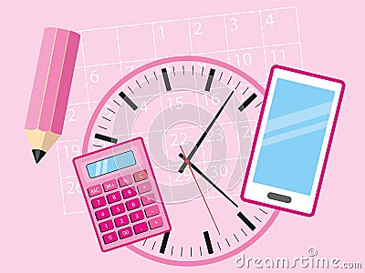 Office objects for busy business woman - cell phone, calculator, calendar, clock and pencil lying on a pink background - concept i Vector Illustration