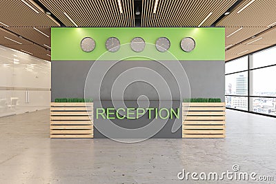 Office open space lobby ecological interior with concrete floor, wooden ceiling, reception, lift. Cartoon Illustration