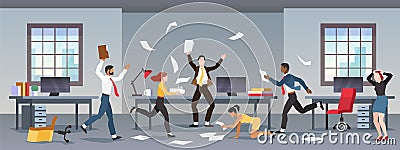 Office panic. Corporate business problems, collapse career. Chaos in workplace with employees. Men and women in company Vector Illustration