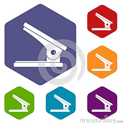 Office paper hole puncher icons set hexagon Vector Illustration