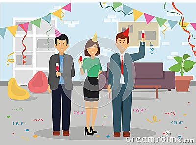 Office party. Business people in celebrating hats and red wine. Vector Illustration