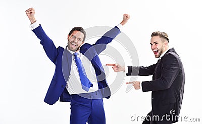 Office party. Celebrate successful deal. Men happy emotional celebrate profitable deal. Launch own business. Business Stock Photo