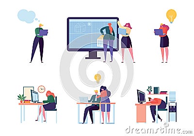 Office People Character Work Set. Man Woman Professional Employee Team. Different Businessman Meeting at Laptop Vector Illustration