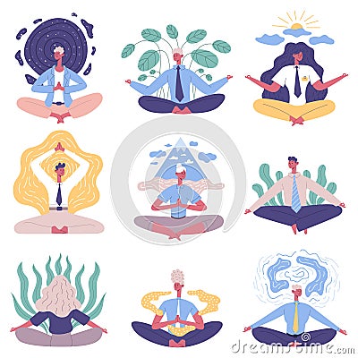 Office people group meditation yoga lotus posture. Meditation relaxing practicing office people vector illustration set Vector Illustration