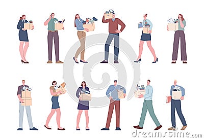 Office people holding boxes, layoff or relocation. Manager leave office with box of personal belongings. Girl moving in Vector Illustration