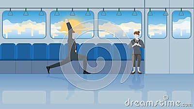 Office people relaxation after work. Yoga posture businessman does yoga pose balance in train Vector Illustration