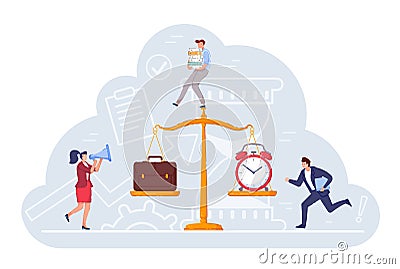 Office people team and work and time balance scale Cartoon Illustration