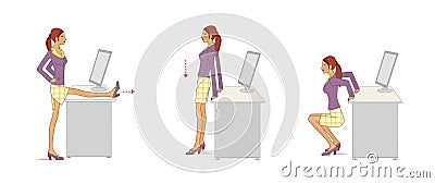 Office performs exercises. Young woman in the office performs exercises to strengthen the arms and legs using the desktop. Stock Photo