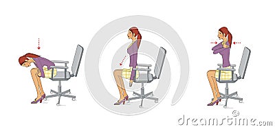 Office performs exercises. Young woman in the office performs exercises to strengthen the arms and legs using the desktop. Stock Photo