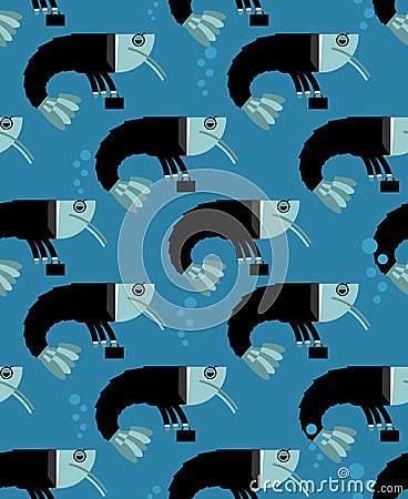 Office plankton seamless pattern. Shrimp in business suit texture. Marine animal background. Crustaceans manager in tie and carry Vector Illustration