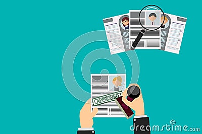 Office Recruiter Recruits Desk Resume Candidates for Vacancy. curriculum vitae approved for office worker. review of other Vector Illustration