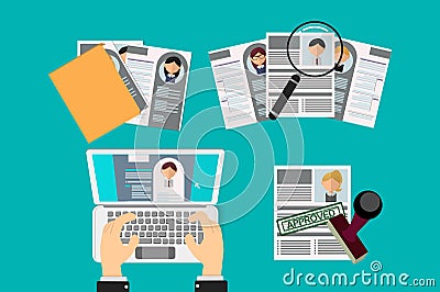 Office Recruiter Recruits Desk Resume Candidates for Vacancy. curriculum vitae approved for office worker. review of other Vector Illustration