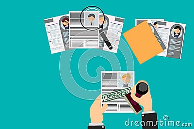 Office Recruiter Recruits Desk Resume Candidates for Vacancy. curriculum vitae approved for office worker. review of other Vector Illustration