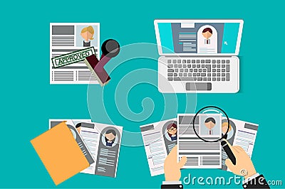 Office Recruiter Recruits Desk Resume Candidates for Vacancy. curriculum vitae search and approved for office worker Stock Photo