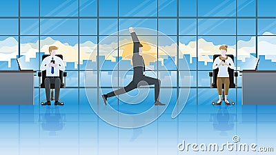 Yoga posture businessman does yoga pose at workplace. Get attention from colleagues Vector Illustration