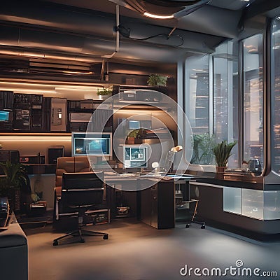 An office in a retro-futuristic space station, complete with vintage computers and sleek, mid-century modern designs2 Stock Photo