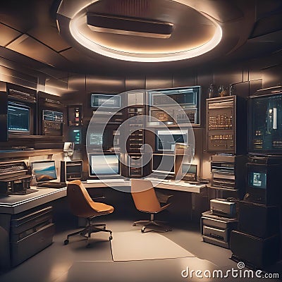 An office in a retro-futuristic space station, complete with vintage computers and sleek, mid-century modern designs1 Stock Photo