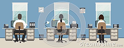 Office room in a blue color. Office workers sit at the desks Vector Illustration