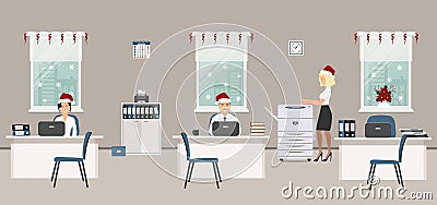 Office room, decorated with Christmas decoration. Young employees in Santa caps in the workplace Vector Illustration