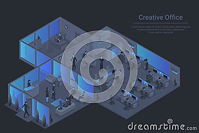 Office room departments Isometric Flat black monochrome vector concept Vector Illustration