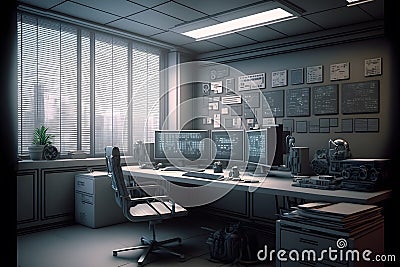 Office room with desk, office chair, monitors, attached printouts to the wall. Stock Photo