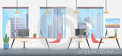 Office room interior flat vector illustration, cartoon empty creative office workplace environment with modern furniture Vector Illustration