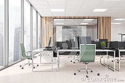 Business room interior with office furniture and private manager room, city view Stock Photo