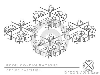 Office room setup layout configuration Half Partition style, perspective 3d isometric with top view illustration Vector Illustration