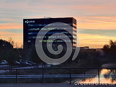 Office of the Rotterdam Police (Politie) at the Veilingweg during Sunrise Editorial Stock Photo