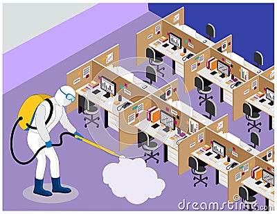 Office sanitizing for covid-19 corona virus. Disinfecting workstation area in office. Pest control and sanitize services for Vector Illustration