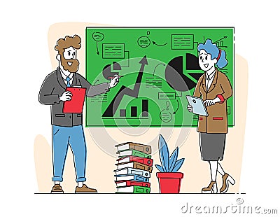 Office Scene with Business Characters. Seminar, Trainer Giving Financial Consultation Stand at Chalkboard with Data Vector Illustration