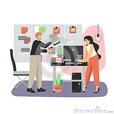 Office scene with modern workplace, kanban board, man and woman working on business project, flat vector illustration Vector Illustration