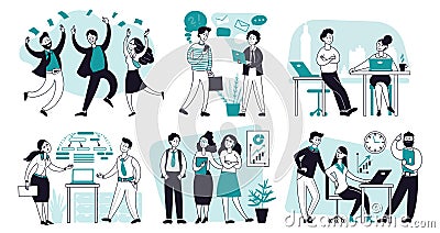Office scenes. Business people characters, outline woman presenting project. Cartoon person communication, research or Vector Illustration