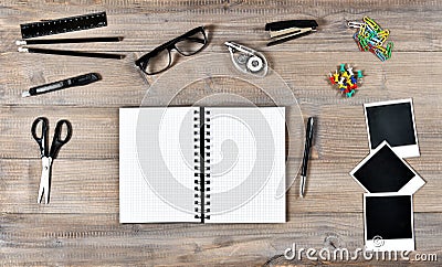 Office and school supplies on wooden table background Stock Photo