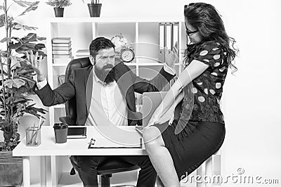 Office secretary. Business couple working. Successful business. Man and elegant woman boss manager director. Office Stock Photo