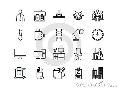 Office. Set of outline vector icons. Includes such as Business Meeting, Workplace, Building, Stationery and other. Vector Illustration