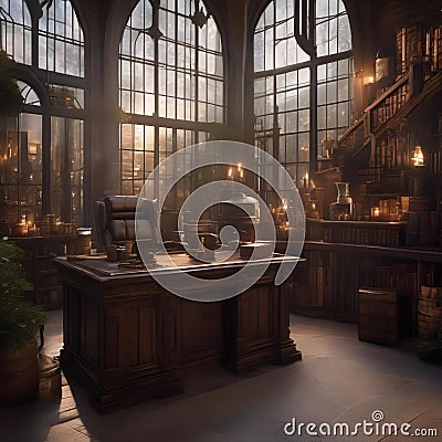 An office set in a wizards tower, where employees brew potions and cast spells alongside their regular tasks2 Stock Photo