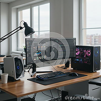 Office setup featuring a dual-monitor computer displaying coding software. A sleek Stock Photo