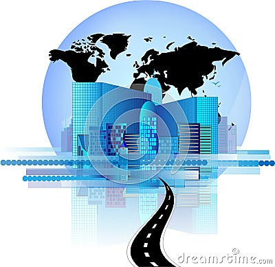 Office skyline with road and world globe Vector Illustration