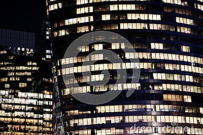 Empty Paris business district Glass office skyscrapers at night illuminated windows Editorial Stock Photo