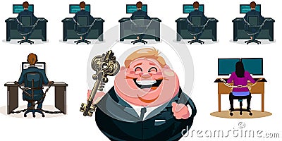 Office slaves chains happy boss key vector graphics illustration Cartoon Illustration