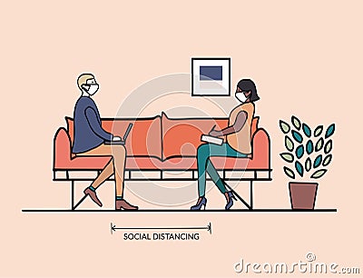 Social distancing at seating area. Man and woman wearing face masks meet for work and maintain social distancing Vector Illustration