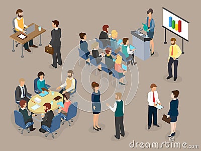 Office staff at the round table in the process of discussing Vector Illustration