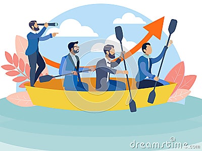 Office staff sailing in the same boat to the goal. In minimalist style Cartoon flat Vector Illustration