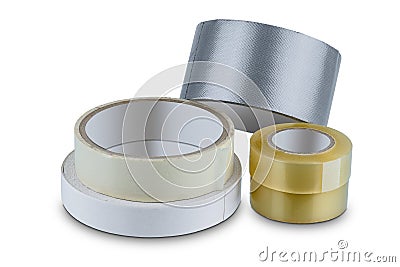 Office stationary Roll of Glue tape, masking tape, Double-sided adhesive, Cloth tape and scotch tape isolated on white background Stock Photo