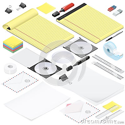 Office stationery detailed isometric icon set Vector Illustration