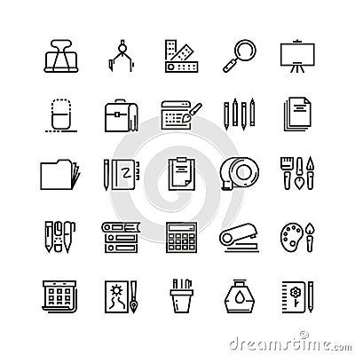 Office stationery, drawing and writing line vector icons Vector Illustration