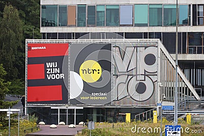 Office and studio of Dutch broadcast organizations BNNVARA, NTR and VPRO at the Media Park in Hilversum Editorial Stock Photo